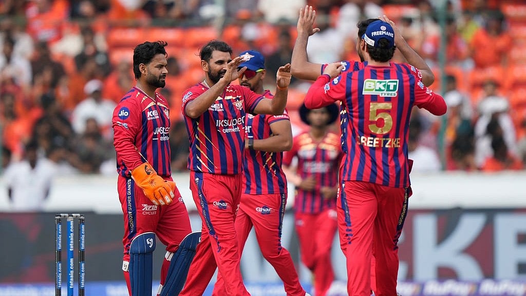 AP : Lucknow Super Giants Mohammed Shami, centre, celebrates with teammates the wicket of Sunrisers Hyderabads Travis Head during their Indian Premier League 2026 match in Hyderabad.