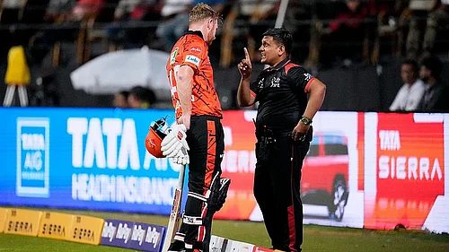 AP : Sunrisers Hyderabads Heinrich Klaasen, left, unhappy with the third umpires decision, has a word with the fourth umpire during their Indian Premier League match against Royal Challengers Bengaluru.