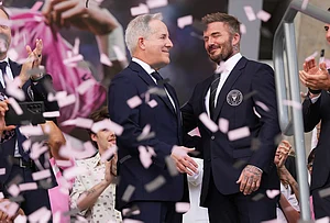 | Photo: AP/Lynne Sladky : Inter Miami CF managing owner Jorge Mas, left, and co-owner David Beckham, right, stand together during a ribbon cutting ceremony before Inter Miami's first MLS soccer match in Nu Stadium against Austin FC, in Miami.