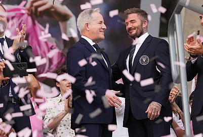 | Photo: AP/Lynne Sladky : Inter Miami CF managing owner Jorge Mas, left, and co-owner David Beckham, right, stand together during a ribbon cutting ceremony before Inter Miamis first MLS soccer match in Nu Stadium against Austin FC, in Miami.