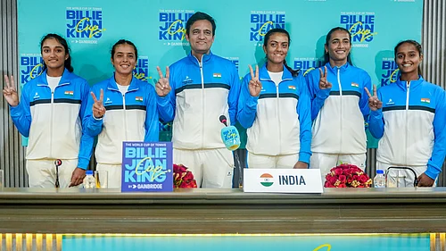 PTI : (From left) Indian tennis players Sahaja Yamalapalli, Ankita Raina, captain Vishal Uppal, Zeel Desai, Rutuja Bhosale, and Vaishnavi Adkar during a press conference ahead of the Billie Jean King Cup 2026 in New Delhi.