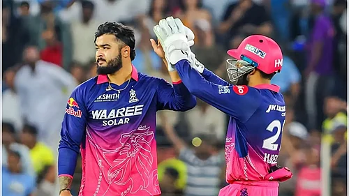 rajasthanroyals/X : RR captain Riyan Parag along with Dhruv Jurel in IPL 2026 clash against GT at Narendra Modi Stadium in Ahmedabad.
