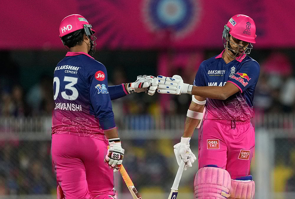 | Photo: AP/Anupam Nath : Rajasthan Royals Yashasvi Jaiswal, right, and Vaibhav Sooryavanshi encourage each other as they bat during the Indian Premier League cricket match between Mumbai Indians and Rajasthan Royals in Guwahati.