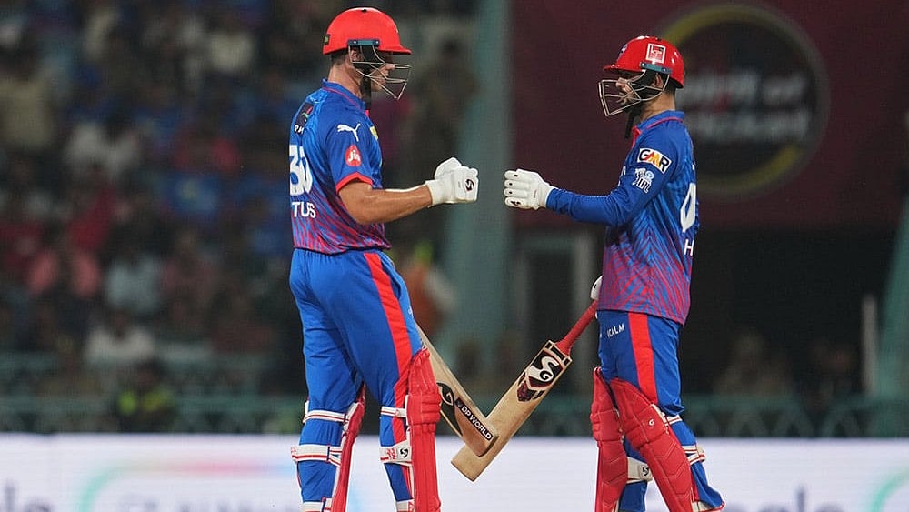 | Photo: AP/Manish Swarup : Delhi Capitals Sameer Rizvi, right, and batting partner Tristan Stubbs encourage each other during the Indian Premier League cricket match between Lucknow Super Giants and Delhi Capitals in Lucknow, India.