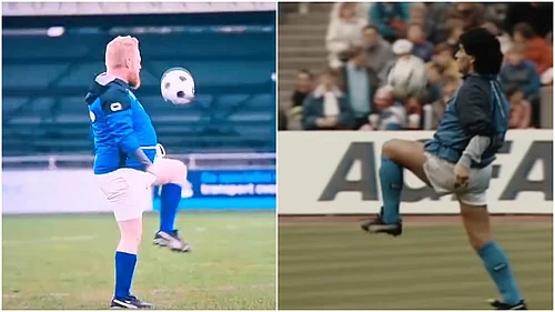 | Photo: Screenshot : ESPN Netherlands took inspiration for their promo (left) from Diego Maradonas legendarry 1989 UEFA Cup semi-final (right).