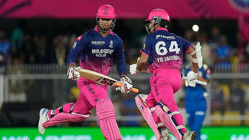 AP : Rajasthan Royals Yashasvi Jaiswal, right, and Vaibhav Sooryavanshi run between the wickets during the Indian Premier League match between Mumbai Indians and Rajasthan Royals in Guwahati.