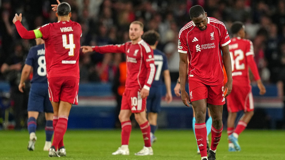 | Photo: AP/Aurelien Morissard : Liverpool's Ibrahima Konate bows his head at the end of the Champions League quarterfinal first leg soccer match between Paris Saint-Germain and Liverpool in Paris, Wednesday, April 8, 2026.