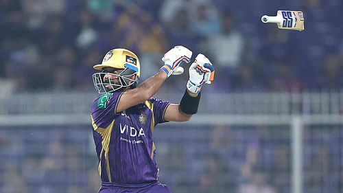 IPL/X : Ajinkya Rahanes bat slips while hitting a shot during KKR vs LSG IPL 2026 match at Eden Gardens.