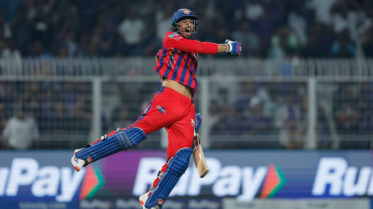 IPL/X : Mukul Choudhary celebrating LSGs win against KKR in IPL 2026 clash at Eden Gardens in Kolkata. 