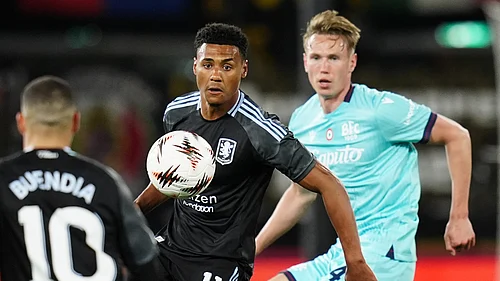 Massimo Paolone/LaPresse : Aston Villas Ollie Watkins and Bolognas Torbjorn Heggem, right, in action during the Europa League soccer match.