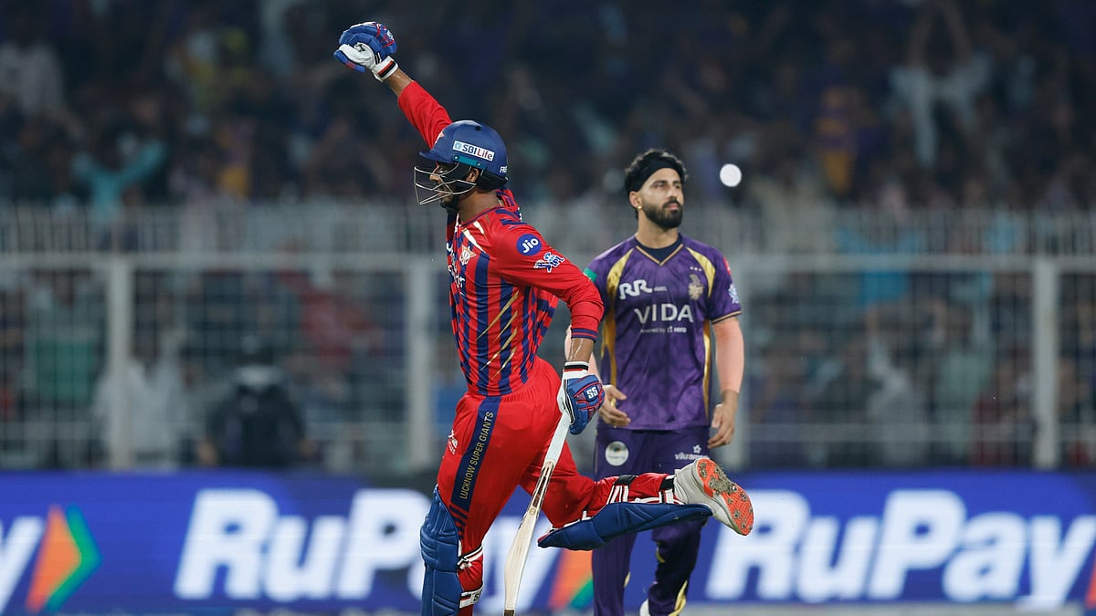 IPL/X : Mukul Choudhary celebrates are pulling LSG over the finishing line against KKR in IPL 2026 clash at Eden Gardens in Kolkata. 
