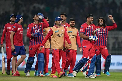 | Photo: AP/Bikas Das : Lucknow Super Giants Mukul Choudhary with teammates celebrate the win over Kolkata Knight Riders in the Indian Premier League cricket match between Kolkata Knight Riders and Lucknow Super Giants in Kolkata, India.