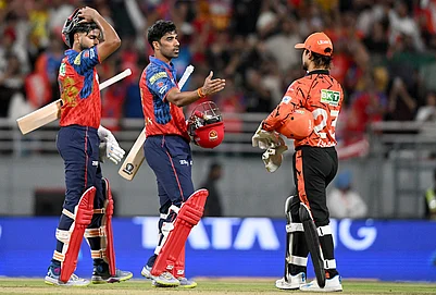 | Photo: AP : Sunrisers Hyderabads captain Ishan Kishan, right, walks to greet Punjab Kings captain Shreyas Iyer, left, and Shashank Singh at the end of the Indian Premier League cricket match between Punjab Kings and Sunrisers Hyderabad in New Chandigarh.