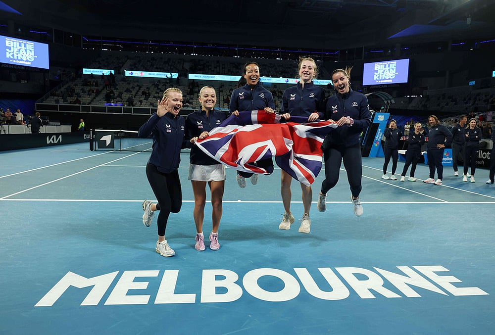 | Photo: Con Chronis/AAP Image via AP : British Billy Jean Cup tennis players Harriet Dart, Katie Swan, Anne Keothavong, Mika Stojsavljevic and Jodie Anna Burrage celebrate, Saturday, April 11, 2026, after defeating Australia in Melbourne.