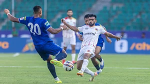 | Photo: AIFF : Chennaiyin FC and East Bengal players tussle for the ball during their Indian Super League match on April 11, 2026.
