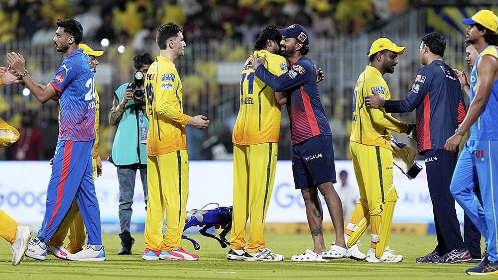 | Photo: PTI/R Senthilkumar : Chennai Super Kings players being congratulated by Delhi Capitals players after winning the Indian Premier League (IPL) 2026 T20 cricket match, in Chennai, Tamil Nadu.