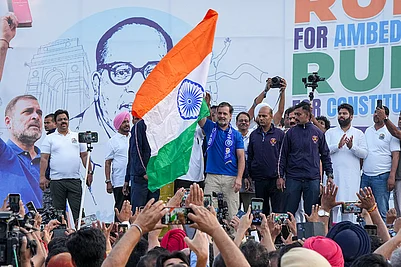 | Photo: PTI/Arun Sharma : Congress MP and Lok Sabha LoP Rahul Gandhi flags off the ‘Run for Ambedkar, Run for Constitution’ marathon organised by the AICC, at Mandi House, in New Delhi.