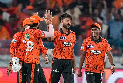 | Photo: PTI/Shahbaz Khan : Sunrisers Hyderabads Praful Hinge, second right, with teammates celebrates after the wicket of Rajasthan Royals Vaibhav Sooryavanshi during the Indian Premier League (IPL) 2026 T20 cricket match between Sunrisers Hyderabad and Rajasthan Royals, at Rajiv Gandhi International Stadium in Hyderabad, Telangana.