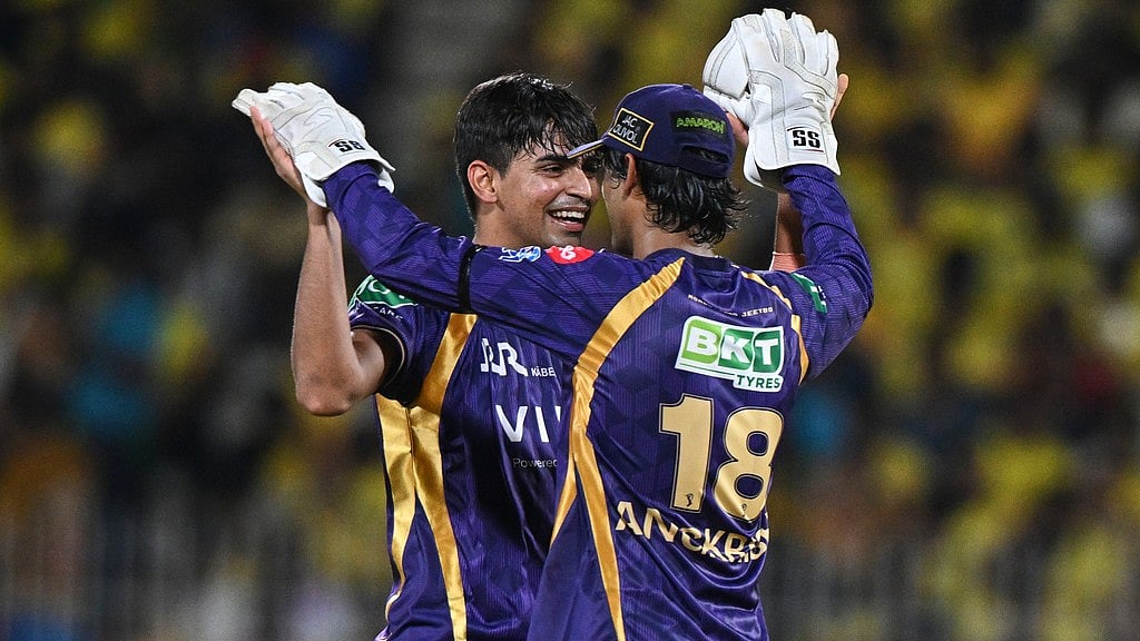 Photo: AP : Kartik Tyagi (left) celebrates the wicket of Dewald Brevis during the Indian Premier League match between Chennai Super Kings and Kolkata Knight Riders in Chennai.
