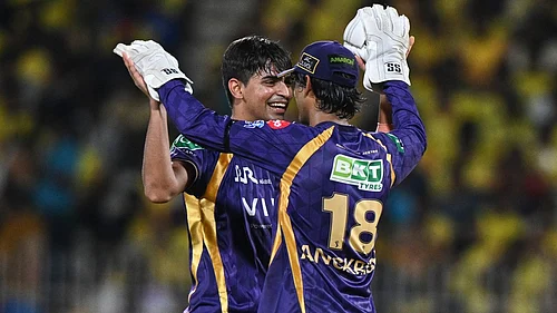 Photo: AP : Kartik Tyagi (left) celebrates the wicket of Dewald Brevis during the Indian Premier League match between Chennai Super Kings and Kolkata Knight Riders in Chennai.