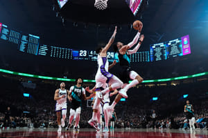 | Photo: AP/Jenny Kane : Portland Trail Blazers guard/forward Matisse Thybulle goes to the basket during the first half of an NBA basketball game against the Sacramento Kings in Portland, Ore.
