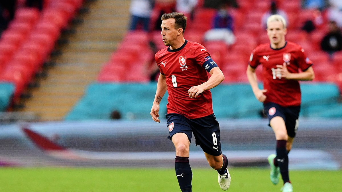 (Justin Tallis/Pool Photo via AP, File) : FILE - Czech Republic's Vladimir Darida dribles during the Euro 2020 soccer championship group D match between the Czech Republic and England at Wembley stadium in London, Tuesday, June 22, 2021. 