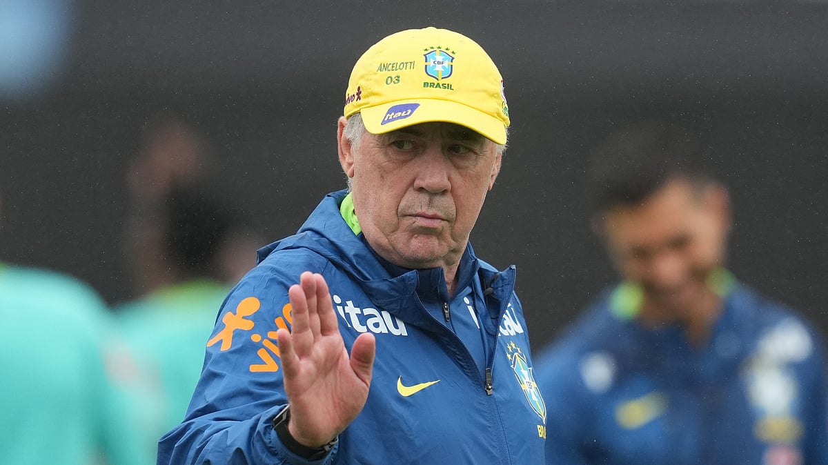 (AP Photo/Lee Jin-man, File) : FILE - Brazil's coach Carlo Ancelotti gestures during a training session ahead of a friendly soccer match against South Korea in Goyang, South Korea, Tuesday, Oct. 7, 2025. 
