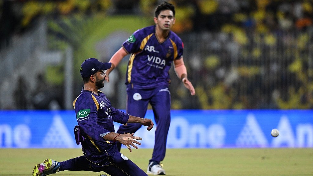 AP : Ajinkya Rahane, left, misfields the ball during the Indian Premier League match between Chennai Super Kings and Kolkata Knight Riders in Chennai.