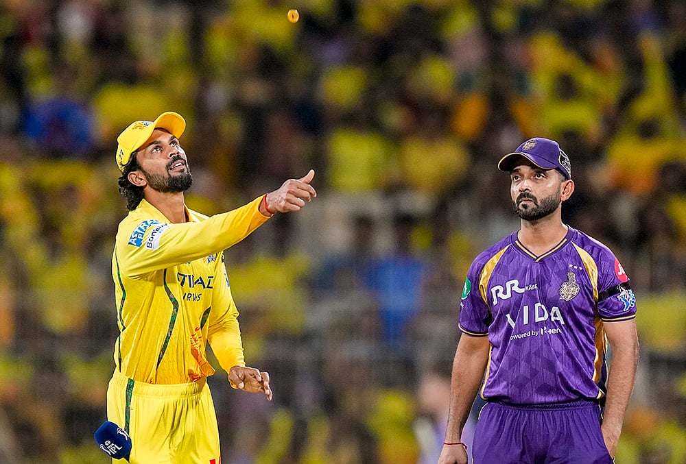 | Photo: PTI/R Senthilkumar : Chennai Super Kings captain Ruturaj Gaikwad, left, and Kolkata Knight Riders captain Ajinkya Rahane at toss during the Indian Premier League (IPL) 2026 T20 cricket match between Chennai Super Kings and Kolkata Knight Riders, at MA Chidambaram Stadium in Chennai, Tamil Nadu. KKR chose to field. 
