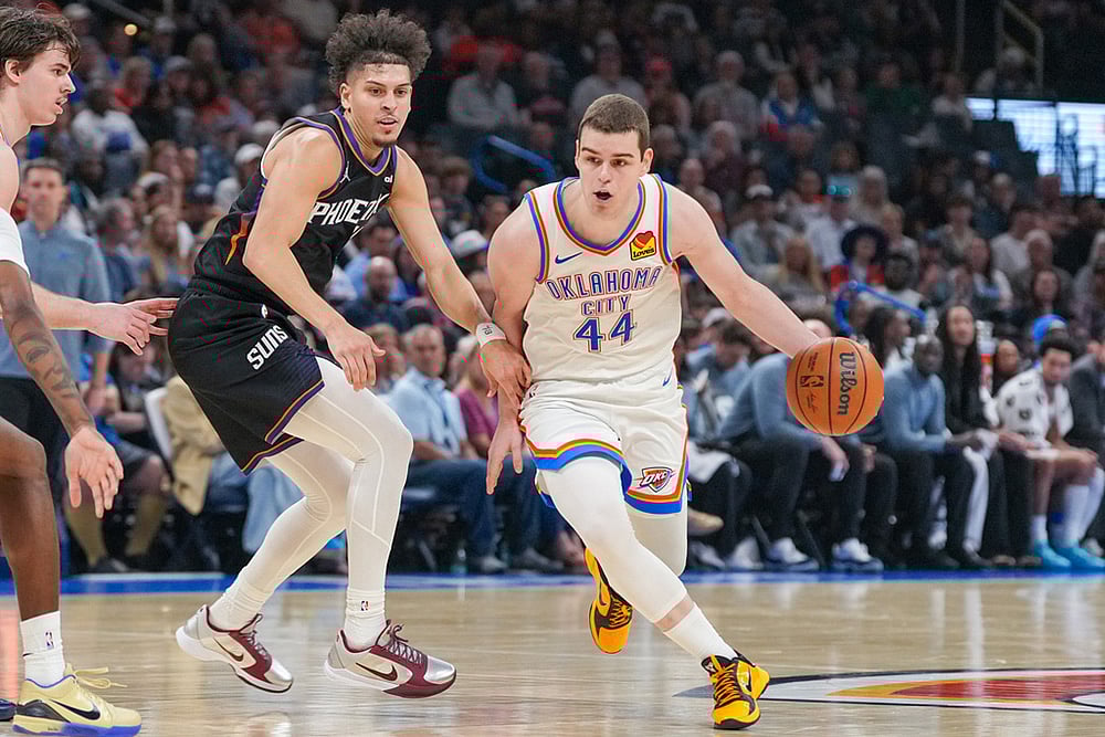 | Photo: AP/Kyle Phillips : Oklahoma City Thunder guard Nikola Topic, right, drives past Phoenix Suns guard Koby Brea during the second half of an NBA basketball game in Oklahoma City.