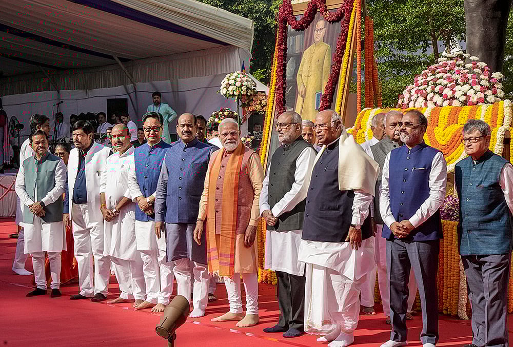 | Photo: PTI/Arun Sharma : Vice-President CP Radhakrishnan in a group photograph with Prime Minister Narendra Modi, Lok Sabha Speaker Om Birla, Union Minister Kiren Rijiju, MoS Ramdas Athawale, Congress President and Rajya Sabha LoP Mallikarjun Kharge, and others during the tribute paying ceremony to Dr BR Ambedkar on his birth anniversary, observed as ‘Ambedkar Jayanti’, at Prerna Sthal, Samvidhan Sadan, in New Delhi.