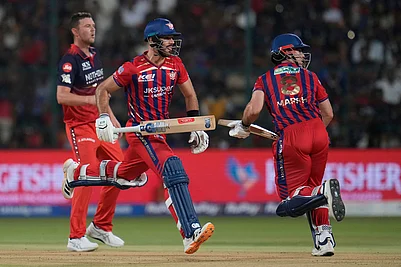 | Photo: AP/Aijaz Rahi : Lucknow Super Giants Mitchell Marsh, right, and Aiden Markram run between the wickets to score during the Indian Premier League cricket match between Royal Challengers Bengaluru and Lucknow Super Giants in Bengaluru, India.