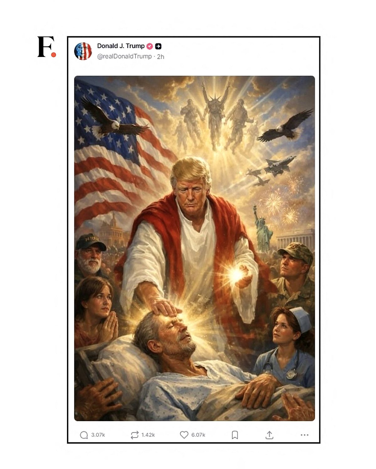 IMAGO / Bestimage : After strongly criticizing the Pope, Donald Trump posted a photo of himself portraying Jesus Christ, before deleting it, on April 13, 2026 Trumps Truth Social platform via Bestimage After strongly criticizing the Pope, Donald Trump posted a photo of himself portraying Jesus Christ, before deleting it