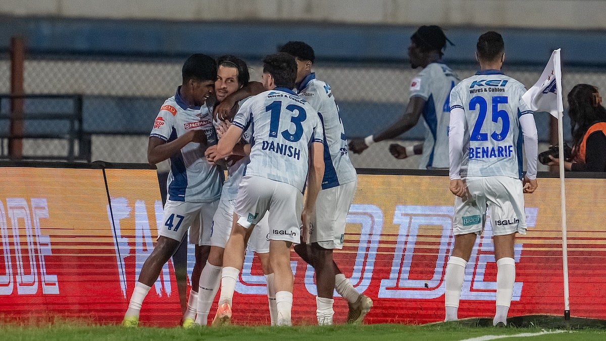 | Photo: AIFF : Kerala Blasters players celebrate after scoring during the Indian Super League match against Bengaluru FC on April 11, 2026.