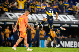 | Photo: AP/Natacha Pisarenko : Marcelo Weigandt of Argentina's Boca Juniors celebrates scoring his side's third goal against Ecuador's Barcelona during a Copa Libertadores Group D soccer match in Buenos Aires, Argentina.