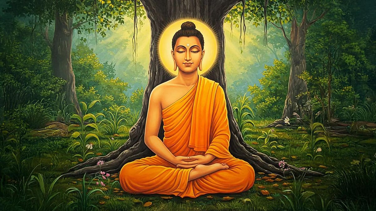 Buddha meditating under a tree in the forest