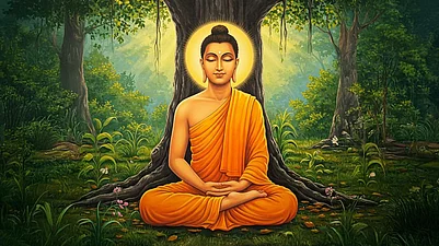 Buddha meditating under a tree in the forest