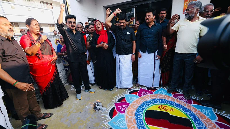Photo: PTI : In this image posted on April 16, 2026, Tamil Nadu Chief Minister MK Stalin during a protest against the proposed Delimitation bill, in Namakkal, Tamil Nadu.
