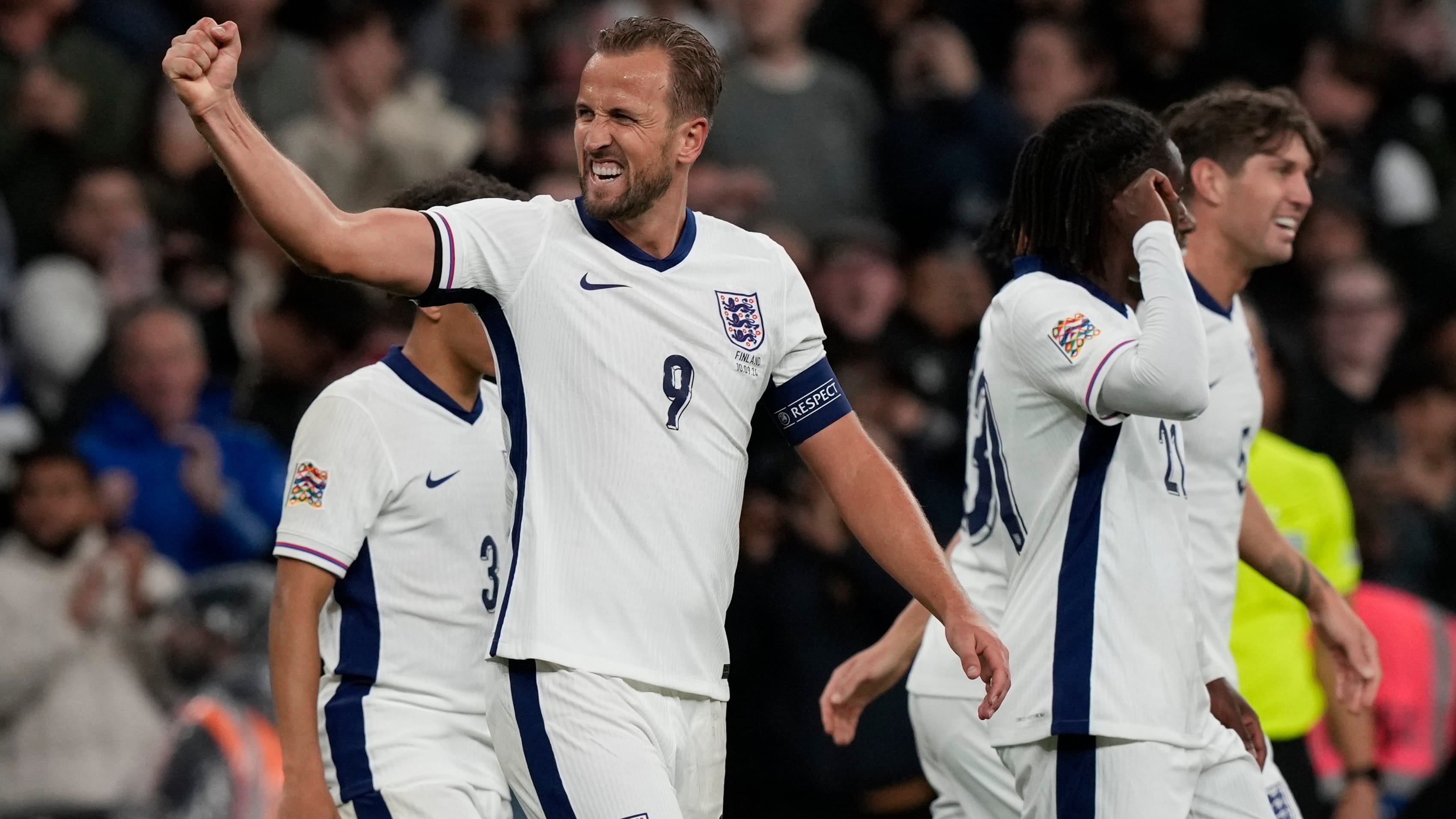 | Photo: AP/Frank Augstein : England's Harry Kane, left, celebrates after scoring his side's second goal during the Group F UEFA Nations League soccer match between England and Finland at Wembley Stadium in London, Tuesday, Sept. 10, 2024. 