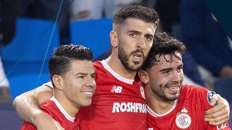 TheChampions/X
 : Toluca players celebrating a goal against LA Galaxy in the CONCACAF Champions Cup 2026 quarter-final second leg. 