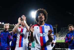 | Photo: Massimo Paolone/LaPresse via AP : Crystal Palace's Chris Richards and teammates celebrate after the Conference League quarterfinal second leg soccer match between Fiorentina and Crystal Palace in Florence, Italy.