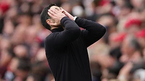| Photo: AP/Dave Shopland : Arsenal's manager Mikel Arteta reacts during the Premier League soccer match between Arsenal and Bournemouth in London, England Saturday, April 11, 2026.