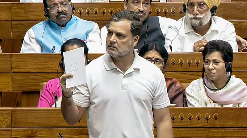 Photo: PTI : Leader of Opposition in the Lok Sabha Rahul Gandhi speaks in the House during the Special session of Parliament, in New Delhi, Friday, April 17, 2026.