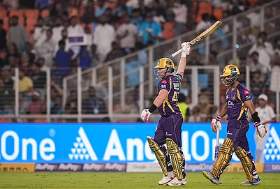 | Photo: PTI/Salman Ali : Kolkata Knight Riders captain Ajinkya Rahane, right, and Tim Seifert arrive on the field to play ahead of the Indian Premier League (IPL) 2026 T20 cricket match between Gujarat Titans and Kolkata Knight Riders, in Ahmedabad, Gujarat.