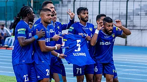 | Photo: AIFF : Chennaiyin FC's Farukh Choudhary celebrates with his teammates after scoring during the Indian Super League match against Sporting Delhi on April 17, 2026.