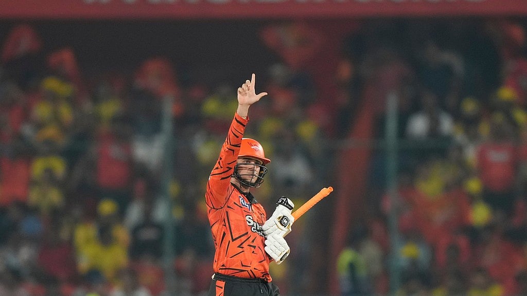 AP/Mahesh Kumar A. : Abhishek Sharma celebrates his fifty runs during the Indian Premier League match between Sunrisers Hyderabad and Chennai Super Kings in Hyderabad.
