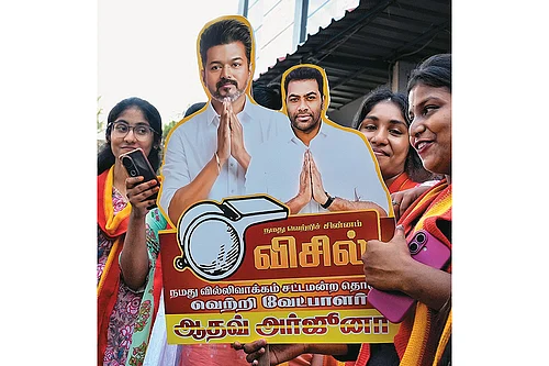 | Photo: Suresh K. Pandey/OUTLOOK : All for One: TVK workers campaigning in Villivakkam constituency, Chennai