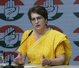 Tribhuvan Tiwari : Priyanka Gandhi at a press conference on the Womens Reservation Bill.