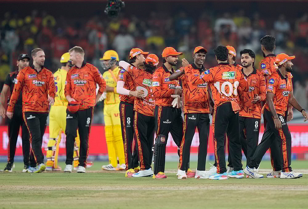 | Photo: AP/Mahesh Kumar A. : Sunrisers Hyderabads players celebrate after won the match during the Indian Premier League cricket match against Chennai Super Kings in Hyderabad.