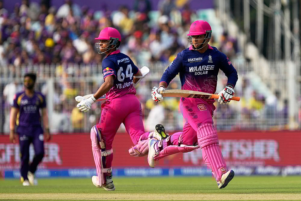 | Photo: AP/Bikas Das : Rajasthan Royals Yashasvi Jaiswal, left, and batting partner Vaibhav Sooryavanshi run between the wickets during the Indian Premier League cricket match between Kolkata Knight Riders and Rajasthan Royals in Kolkata, India.
